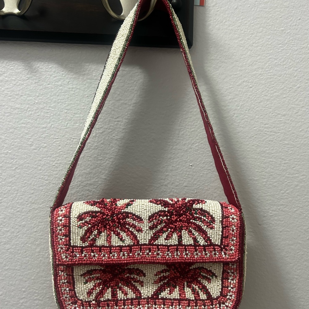 Anthro Fiona Palm Tree Embroidered Bag - Red and Cream